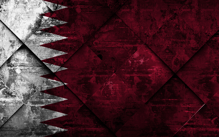 Katar bayrak, 4k, grunge sanat, rhombus grunge doku, Asya, ulusal semboller, Katar, yaratıcı sanat