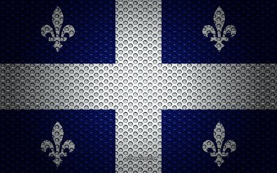 Flag of Quebec, 4k, creative art, metal mesh texture, Quebec flag, national symbol, provinces of Canada, Quebec, Canada, North America