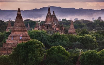 Bagan, Myanmar, temples, jungle, Burma, evening, sunset