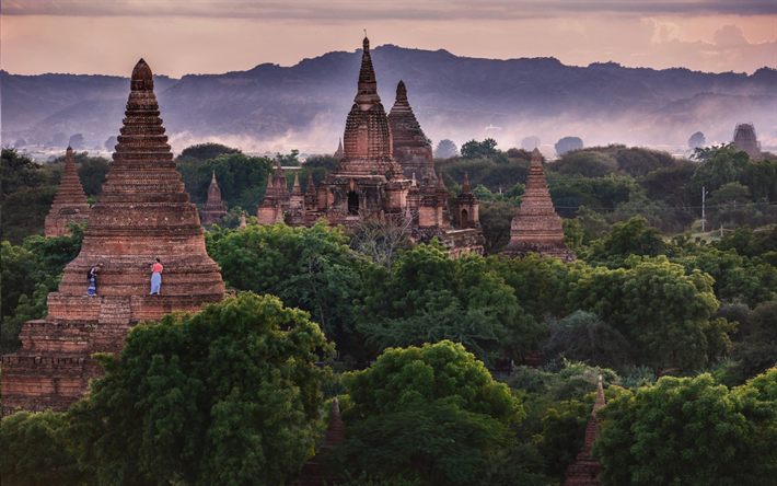 Bagan, Mianmar, templos, selva, Birm&#226;nia, noite, p&#244;r do sol