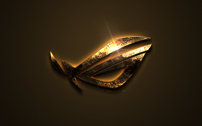 ROG oro logo Republic of Gamers, arte creativa, texture in oro, marrone fibra di carbonio trama, ROG emblema d&#39;oro, ROG
