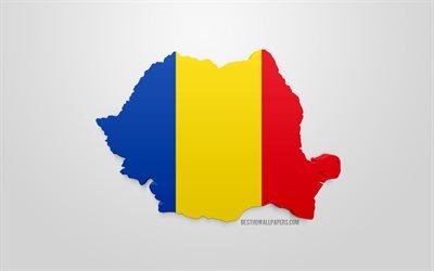 3d flag of Romania, map silhouette of Romania, 3d art, Romania 3d flag, Europe, Romania, geography, Romania 3d silhouette