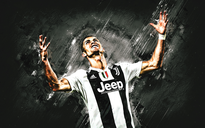 Cristiano Ronaldo, CR7, Portuguese football player, Juventus FC, white stone background, creative art, Series A, Italy, football