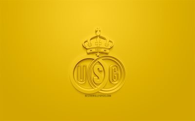 Royale Union Saint-Gilloise, creative 3D logo, yellow background, 3d emblem, Belgian football club, Jupiler Pro League, Brussels, Belgium, Belgian First Division A, 3d art, football, stylish 3d logo