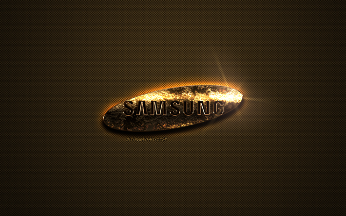 Samsung gold logo, creative art, gold texture, brown carbon fiber texture, Samsung gold emblem, Samsung