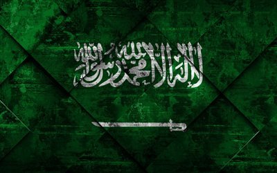 Flag of Saudi Arabia, 4k, grunge art, rhombus grunge texture, Saudi Arabia flag, Asia, national symbols, Saudi Arabia, creative art