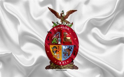 Flag of Sinaloa, 4k, silk flag, Mexican state, Sinaloa flag, coat of arms, silk texture, Sinaloa, Mexico