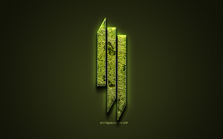 Skrillex logo, yeşil yaratıcı logo, American DJ, &#231;i&#231;ek sanat logo, Skrillex amblemi, yeşil karbon fiber doku, Skrillex, yaratıcı sanat