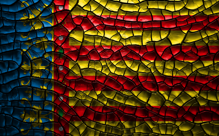 La bandera de Valencia, 4k, provincias espa&#241;olas, agrietado suelo, Espa&#241;a, Valencia bandera, arte 3D, Valencia, las Provincias de Espa&#241;a, distritos administrativos, Valencia 3D de la bandera, Europa