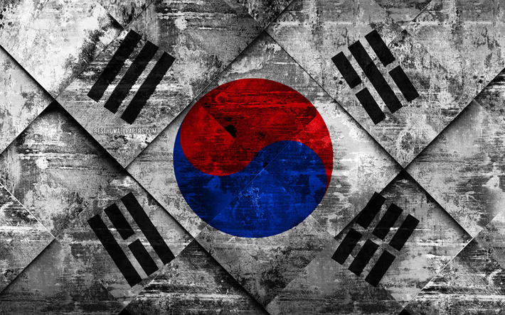 G&#252;ney Kore bayrağı, 4k, grunge sanat, rhombus grunge doku, Asya, ulusal semboller, G&#252;ney Kore, yaratıcı sanat