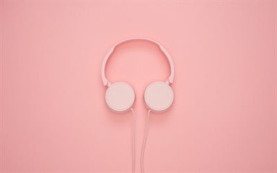 vaaleanpunainen kuulokkeet, 4k, minimaalinen, vaaleanpunainen tausta, musiikin k&#228;sitteet, kuulokkeet