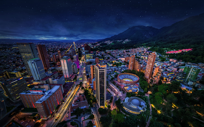 Bogot&#225;, paisagem urbana, Da capital colombiana, metr&#243;pole, noite, p&#244;r do sol, Col&#244;mbia