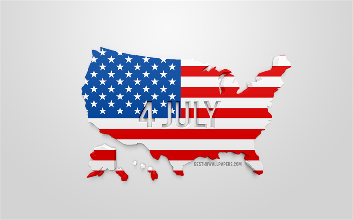Il Giorno dell&#39;indipendenza, il 4 luglio, Quarto di luglio, 3d bandiera degli stati UNITI, mappa, silhouette degli stati UNITI, 3d arte, USA 3d bandiera, 4 luglio concetti, USA