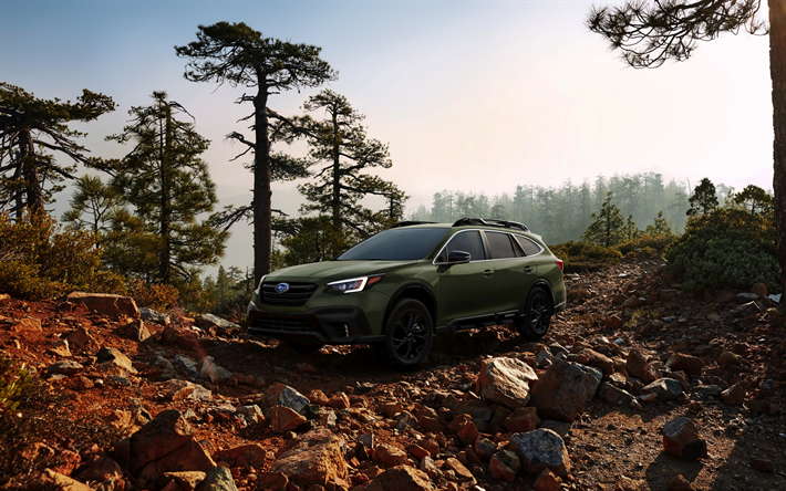 Subaru Outback, 2020, all-terrain wagon, new green matte Outback, exterior, Japanese cars, Subaru