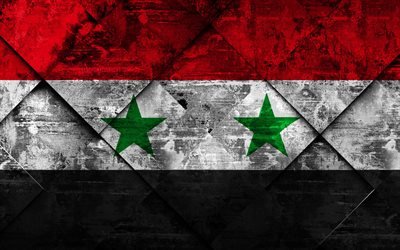 Bandiera della Siria, 4k, grunge, arte, rombo grunge, texture, Siria, bandiera, Asia, simboli nazionali, arte creativa