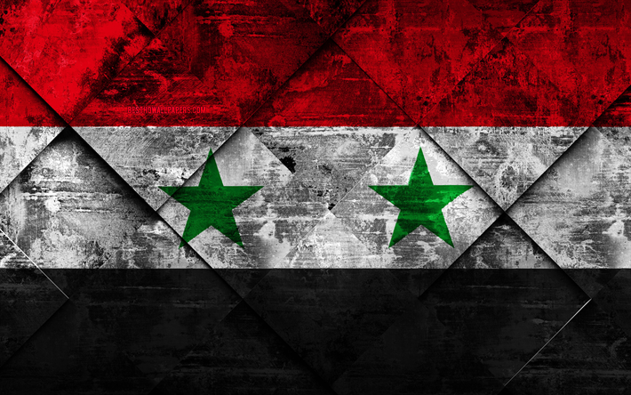 Flaggan i Syrien, 4k, grunge konst, rhombus grunge textur, Syriens flagga, Asien, nationella symboler, Syrien, kreativ konst