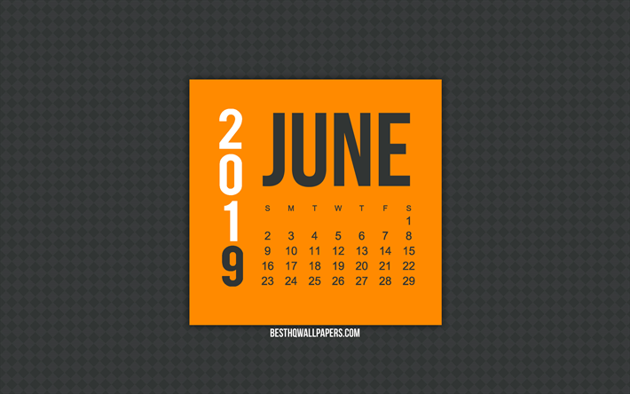 juni 2019 kalender, grau abstrakt, hintergrund, schwarz-orange-kalender, kalender 2019