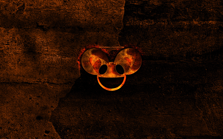 Deadmau5 fiery logo, music stars, orange stone background, Deadmau5, creative, Deadmau5 logo, brands