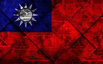 flagge von taiwan, 4k, grunge, kunst, rhombus grunge-textur, taiwan, flagge, asien, nationale symbole, kreative kunst