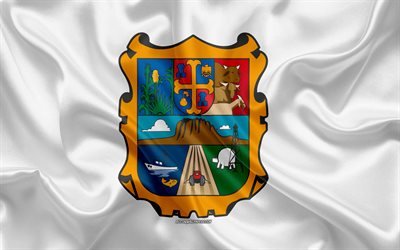 Flag of Tamaulipas, 4k, silk flag, Mexican state, Tamaulipas flag, coat of arms, silk texture, Tamaulipas, Mexico