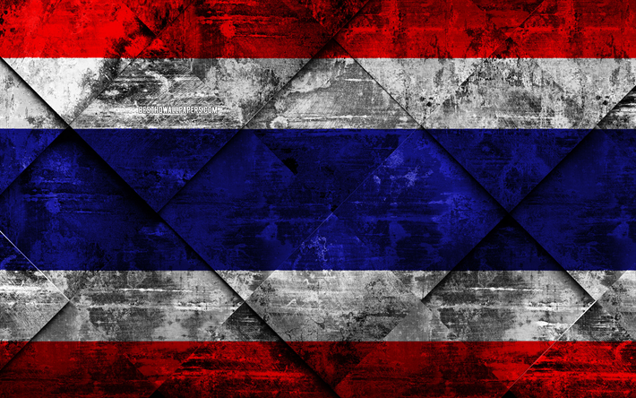 Tayland bayrağı, 4k, grunge sanat, rhombus grunge doku, Asya, ulusal semboller, Tayland, yaratıcı sanat