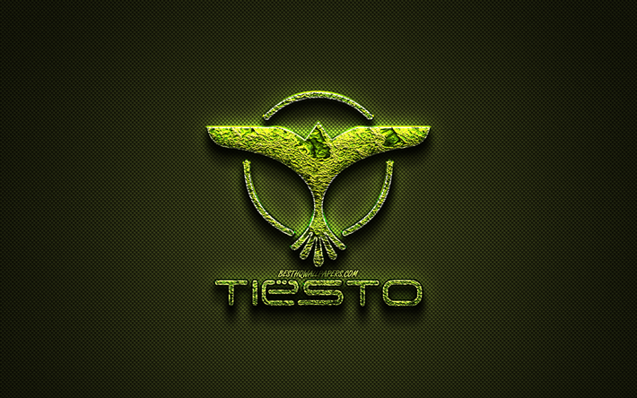 Tiesto logo, verde logo creativo, il DJ olandese, arte floreale logo, Tiesto emblema, verde fibra di carbonio trama, Tiesto, arte creativa, Tijs Michiel Verwest