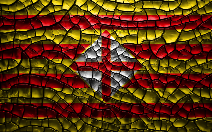 العلم من برشلونة, 4k, المقاطعات الأسبانية, تصدع التربة, إسبانيا, برشلونة العلم, الفن 3D, برشلونة, مقاطعات إسبانيا, المناطق الإدارية, برشلونة 3D العلم, أوروبا