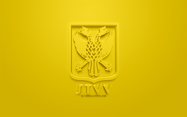 Sint-Truidense VV, creative 3D logo, yellow background, 3d emblem, Belgian football club, Jupiler Pro League, Sint-Truiden, Belgium, Belgian First Division A, 3d art, football, stylish 3d logo