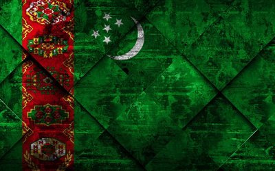 Turkmenistanin lippu, 4k, grunge art, rhombus grunge tekstuuri, Aasiassa, kansalliset symbolit, Turkmenistan, creative art