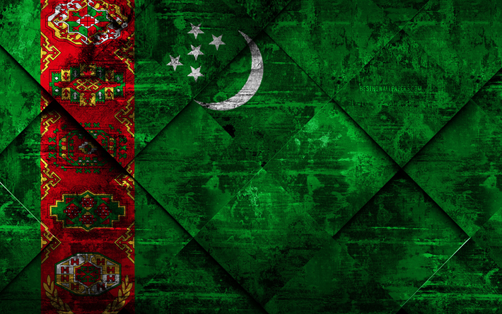 T&#252;rkmenistan bayrağı, 4k, grunge sanat, rhombus grunge doku, Asya, ulusal semboller, T&#252;rkmenistan, yaratıcı sanat