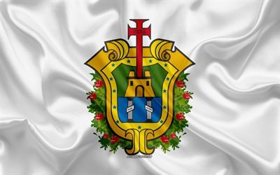 Bandeira de Veracruz, 4k, seda bandeira, Estado mexicano, Veracruz bandeira, bras&#227;o de armas, textura de seda, Veracruz, M&#233;xico