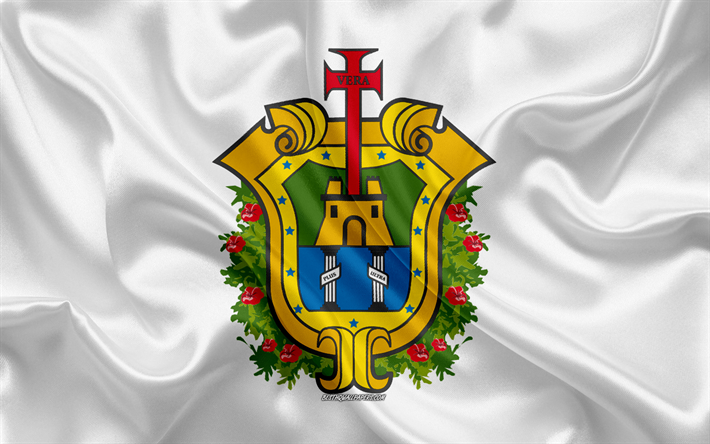 Lipun Veracruz, 4k, silkki lippu, Meksikon valtion, Veracruz lippu, vaakuna, silkki tekstuuri, Veracruz, Meksiko