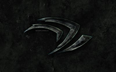 Nvidia stone logo, black stone background, Nvidia, creative, grunge, Nvidia logo, brands