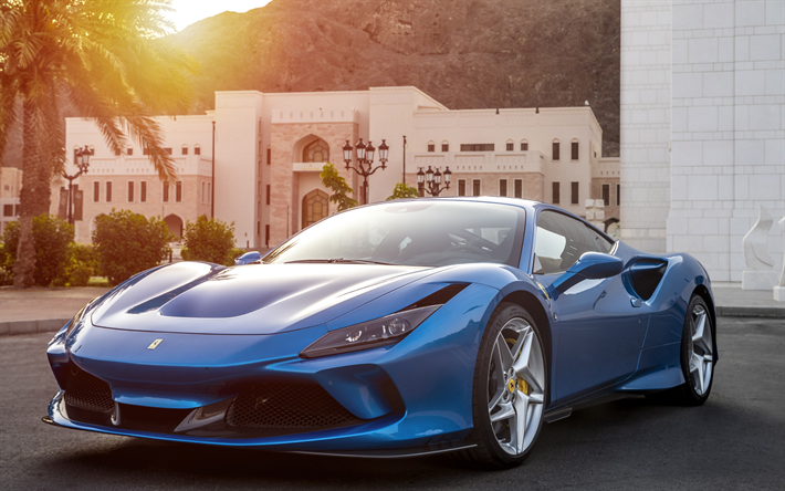 Ferrari F8 Tributo, 2019, blu, supercar, vista frontale, nuovo blu F8 Tributo, auto italiane, Ferrari