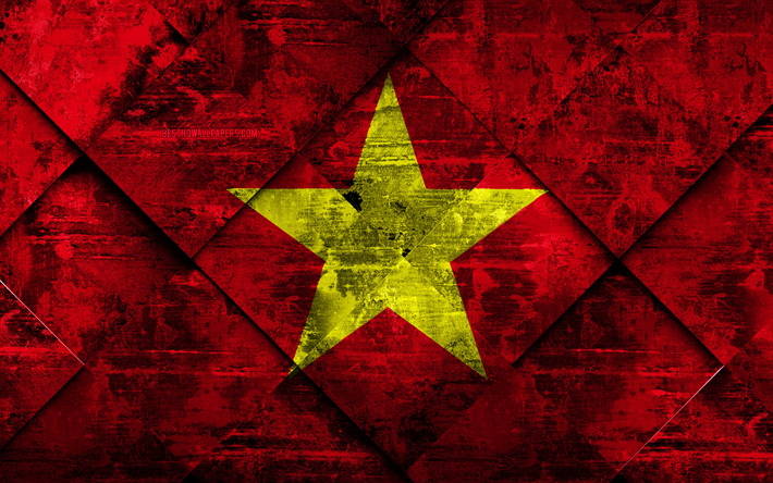 Flaggan i Vietnam, 4k, grunge konst, rhombus grunge textur, Vietnam flagga, Asien, nationella symboler, Vietnam, kreativ konst