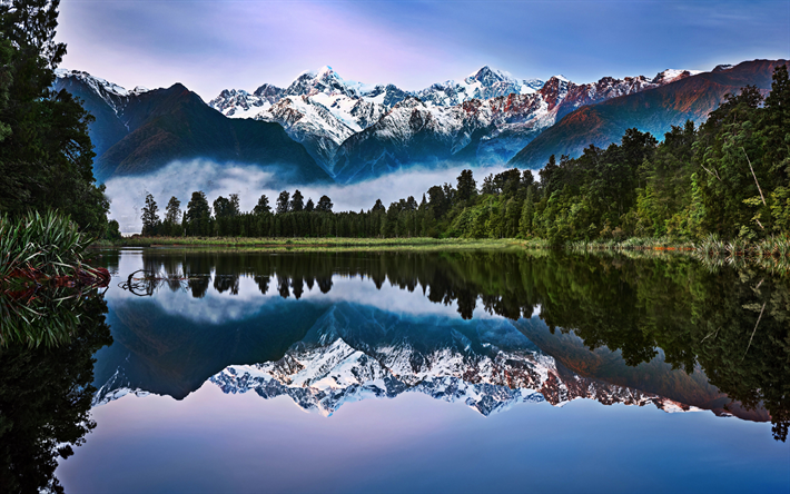 Nuova Zelanda, montagna, estate, nebbia, lago, mattina, natura bellissima