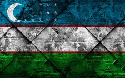 Bandera de la rep&#250;blica de Uzbekist&#225;n, 4k, grunge arte, rombo grunge textura, bandera de Uzbekist&#225;n, en Asia, los s&#237;mbolos nacionales, Uzbekist&#225;n, arte creativo