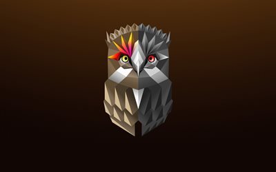 abstract owl, 4k, minimal, low poly art, cartoon owl, brown background, owl