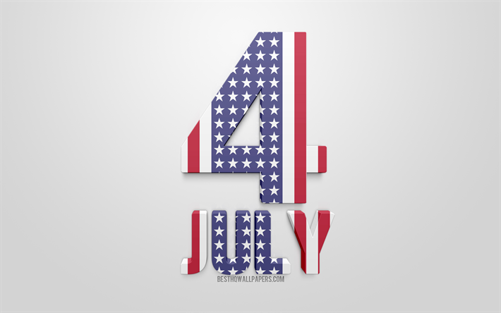 Quatro de julho, Dia Da Independ&#234;ncia, 4 de julho de, EUA, Arte 3d, letras bandeira americana, Estados Unidos, Declara&#231;&#227;o de Independ&#234;ncia, cart&#227;o de sauda&#231;&#227;o, 4 de julho de conceitos
