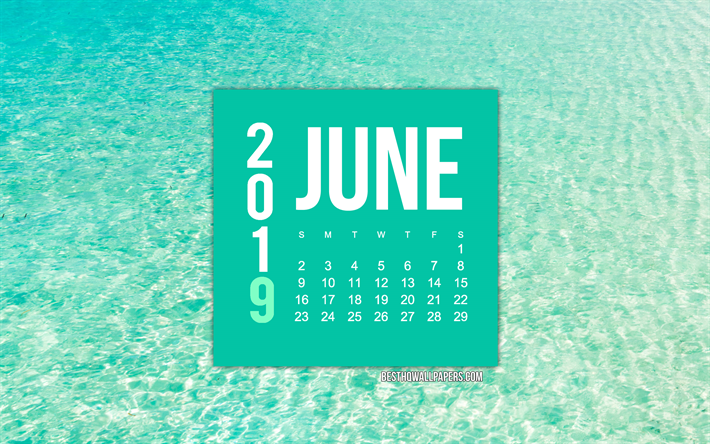 June 2019 Calendar, sea background, creative art, ocean, tropical island, summer 2019 calendars, June