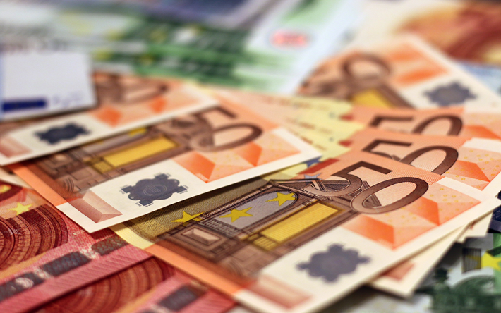 cinquenta euros contas, 4k, macro, notas, dinheiro, moeda euro, letras, euro, 50 notas de euro