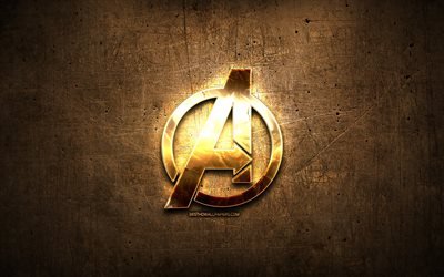 Avengers golden logo, 2019 movie, artwork, brown metal background, creative, Avengers logo, brands, Avengers