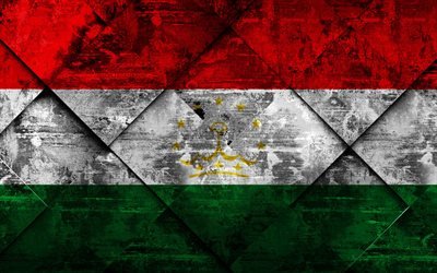 Flag of Tajikistan, 4k, grunge art, rhombus grunge texture, Tajikistan flag, Asia, national symbols, Tajikistan, creative art