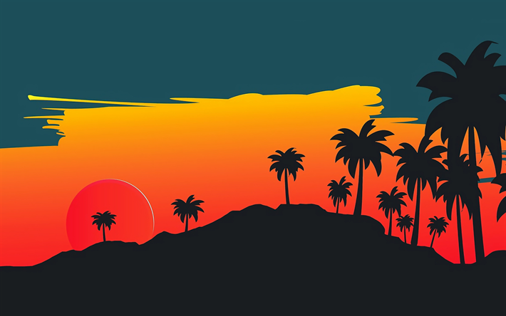 sunset, 4k, palmuja siluetti, palmuja, kuu, abstrakteja maisemia, siluetti k&#228;mmenet