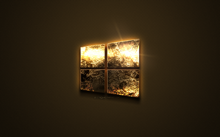 Windows 10 gold logo, creative art, gold texture, brown carbon fiber texture, Windows 10 gold emblem, Windows