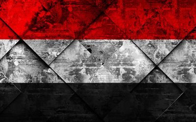 Jemenin lippu, 4k, grunge art, rhombus grunge tekstuuri, Aasiassa, kansalliset symbolit, Jemen, creative art