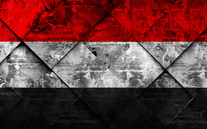 Flaggan i Jemen, 4k, grunge konst, rhombus grunge textur, Jemen flagga, Asien, nationella symboler, Jemen, kreativ konst