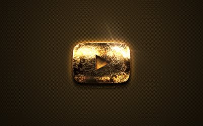 YouTube gold logo, creative art, gold texture, brown carbon fiber texture, YouTube gold emblem, YouTube