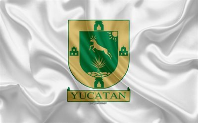 flagge von yucatan, 4k, seide flagge, mexikanische staat yucatan fahne, wappen, seide textur, yucatan, mexiko