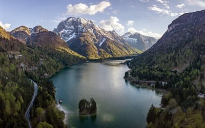 lago de montanha, primavera, Alpes, montanhas, floresta, bela paisagem de montanha, It&#225;lia